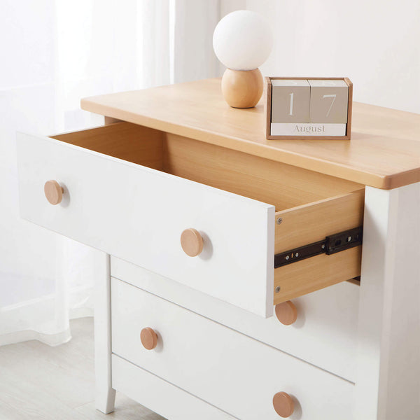 White 3 drawer chest with top drawer open