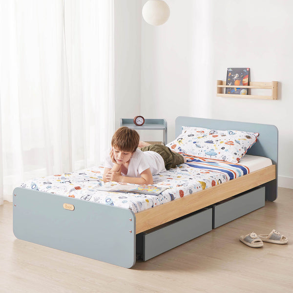 kid lying on a blue Neat Single Bed