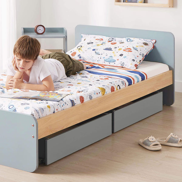 Boy lies on blue bed with Neat Under Bed Storage 2 Pack - Boori UK