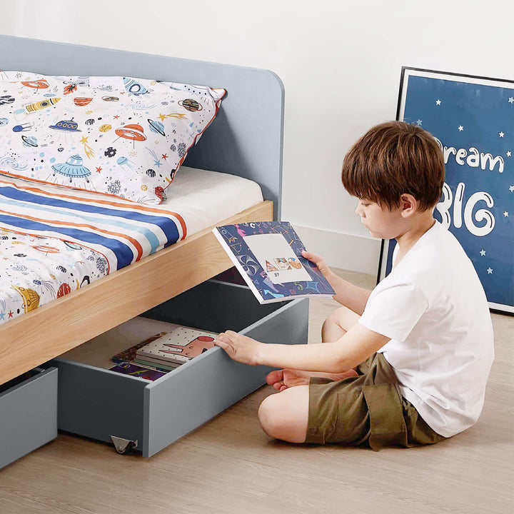 Boys tidying his room using Neat Under Bed Storage 2 Pack - Boori UK