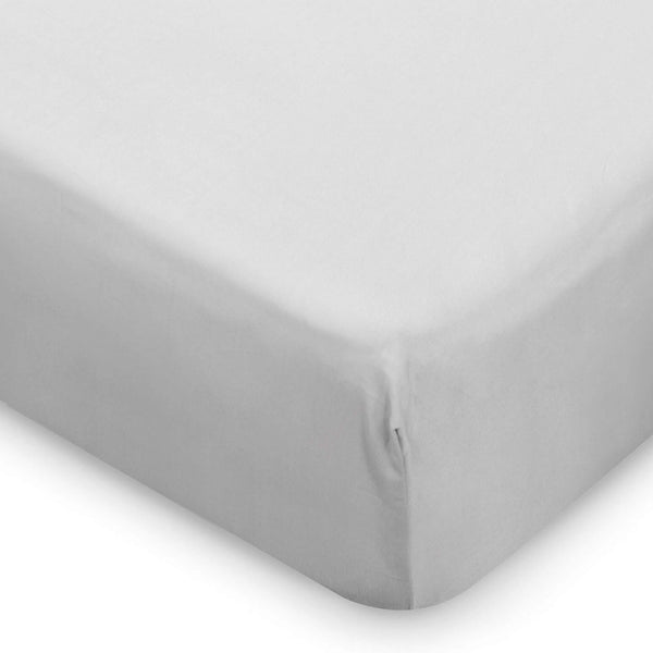 corner of grey cot bed fitted sheet